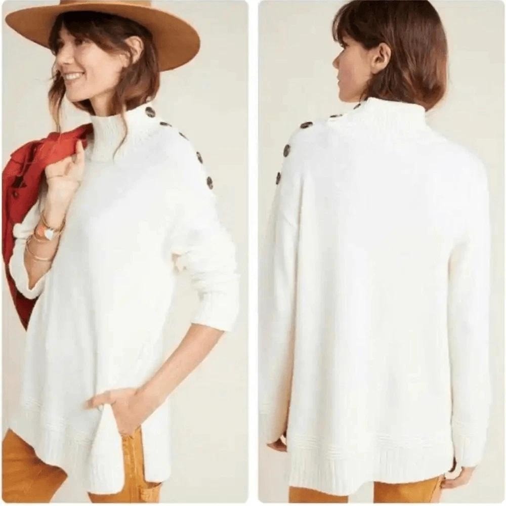 Anthropologie Mock Neck Sweater L Cream Button Shoulder Coastal Cozy Luxe